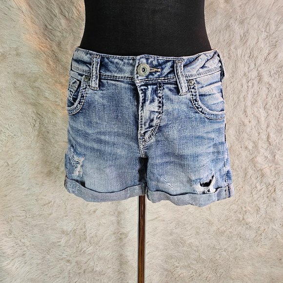 Silver Jeans Women's Blue Distress Denim Sam Shorts W27/L4 1/2 - Picture 1 of 11